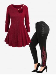 Cutout Cable Knit Pullover Sweater and Mesh Panel Skinny Leggings Plus Size Outfits -  