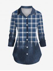 Plus Size Turn-down Collar Plaid Printed Ombre Buttons Long Sleeves Shirt -  