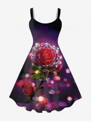Plus Size Glitter Sparkling Rhinestone Rose Flower Leaf Print Valentines Ombre A Line Tank Dress -  