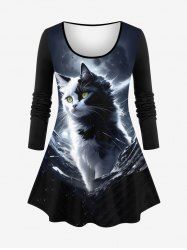 Plus Size 3D Glitter Cat Moon Sea Print Ombre Long Sleeves T-shirt -  