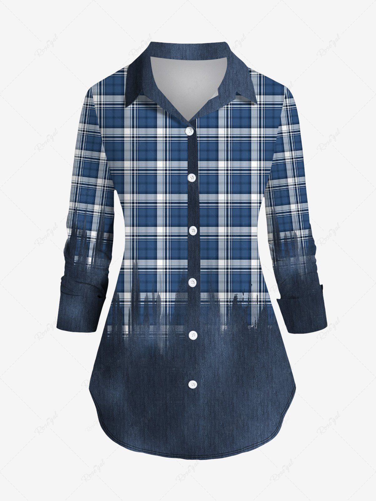 Buy Plus Size Turn-down Collar Plaid Printed Ombre Buttons Long Sleeves Shirt  