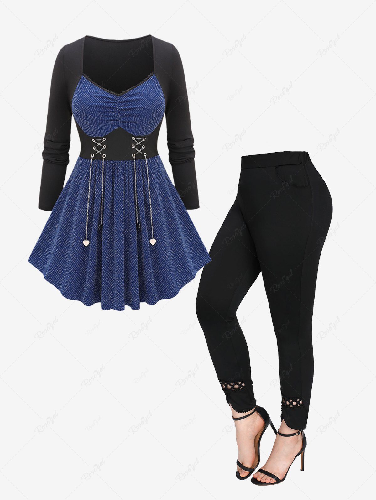 Fashion Chain Lace Up Two Tone Knitted Corset Top and Skinny Leggings Plus Size Outfit  