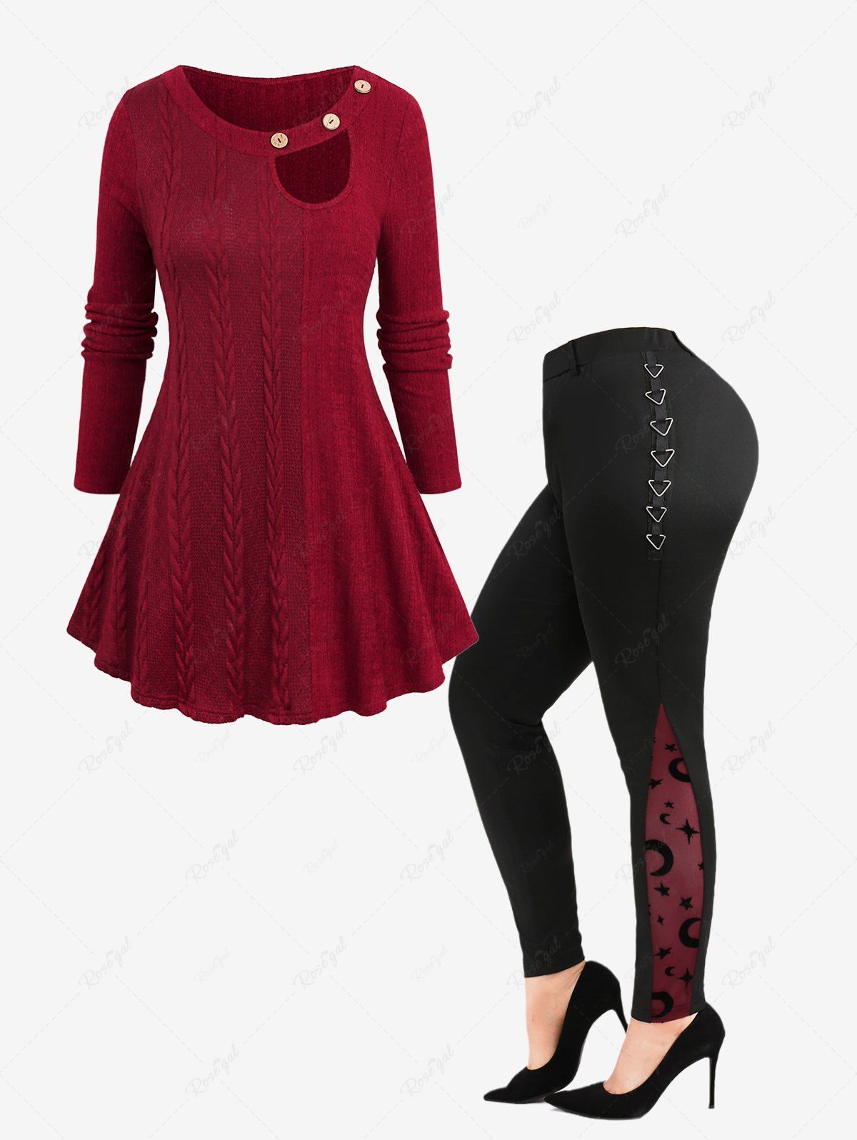 Affordable Cutout Cable Knit Pullover Sweater and Mesh Panel Skinny Leggings Plus Size Outfits  