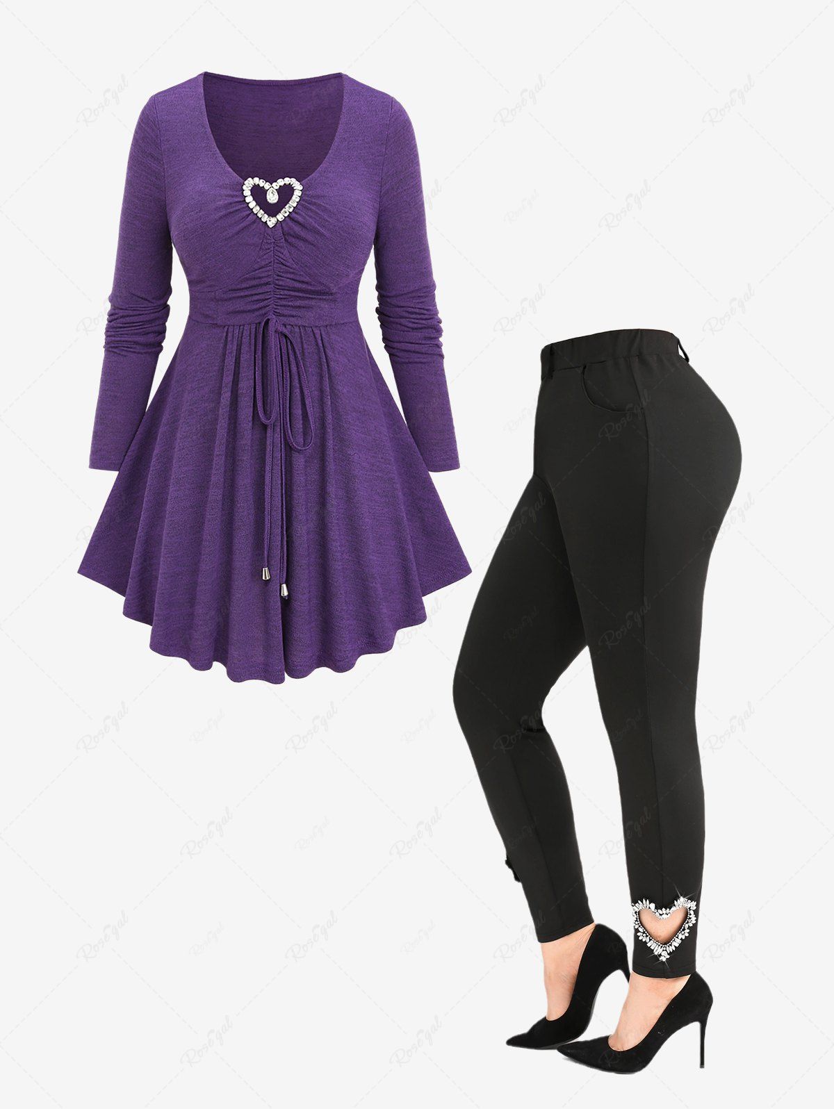 Shop Sparkling Heart Cinched T-shirt and Pockets Skinny Leggings Plus Size Outfit  