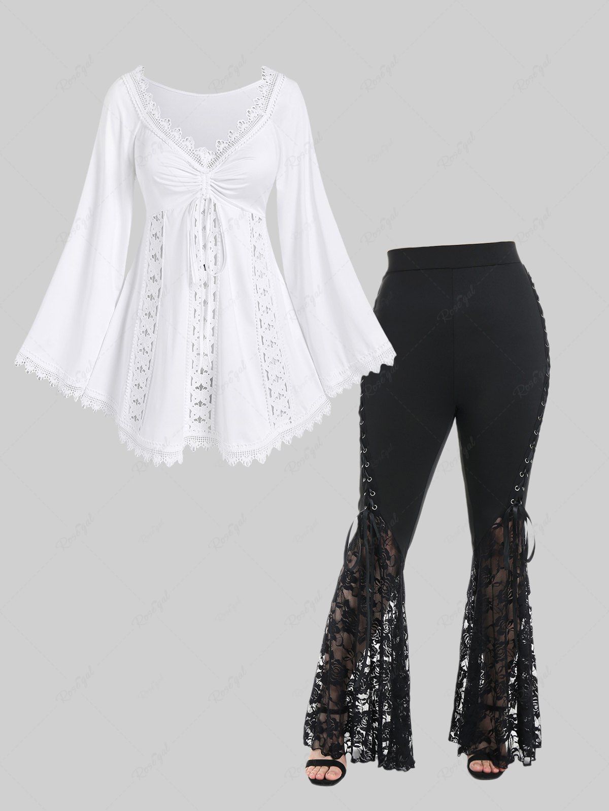 Unique Lace Trim Cinched Flare Sleeves Tee and Lace Flare Pants Plus Size Outfit  