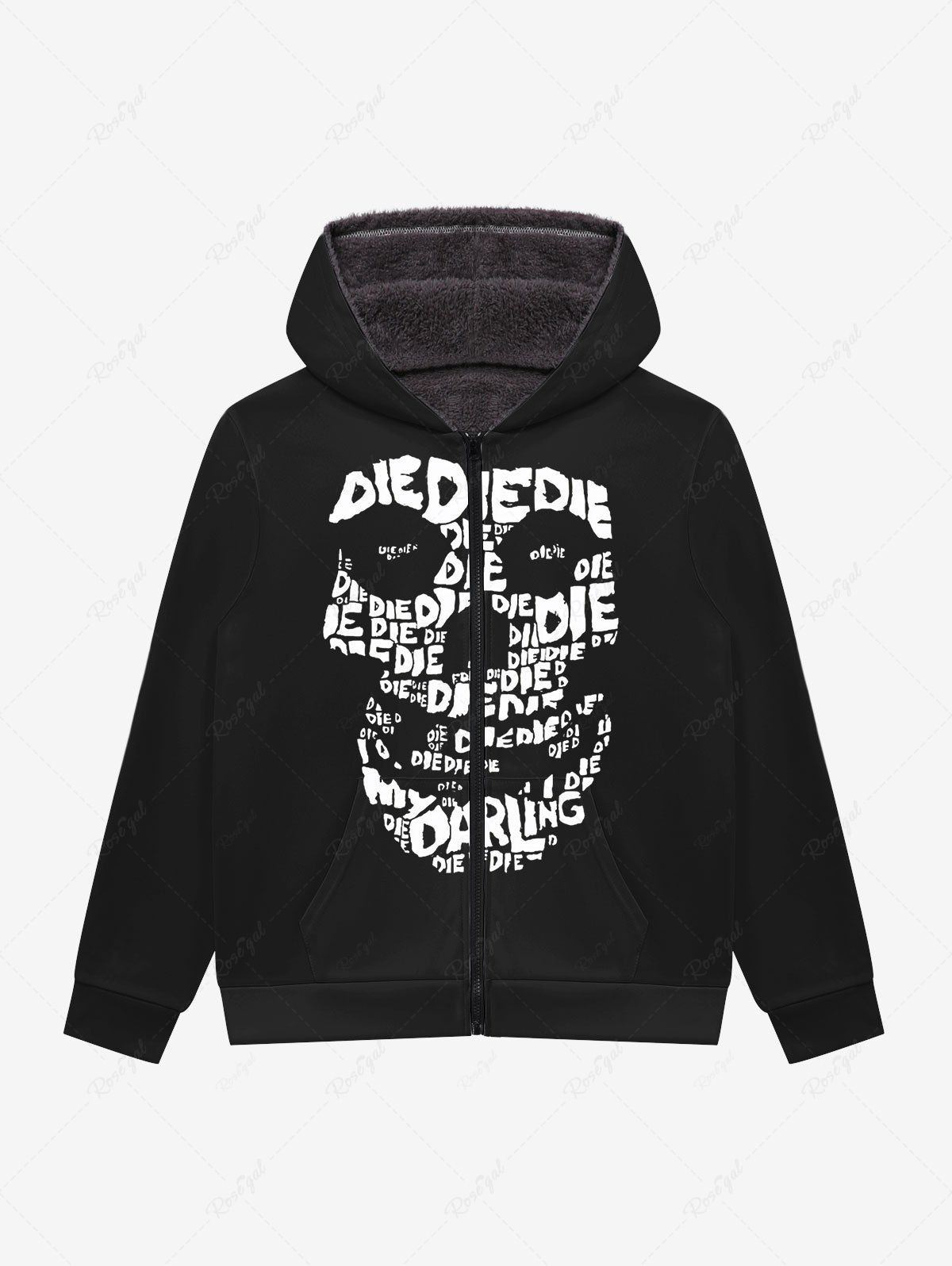 Discount Gothic Letters Skulls Print Zipper Pocket Fleece Lining Hoodie For Men  