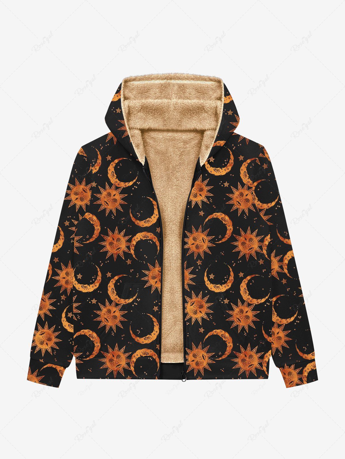 New Gothic Sun Moon Star Face Print Zipper Pocket Fleece Lining Hoodie For Men  