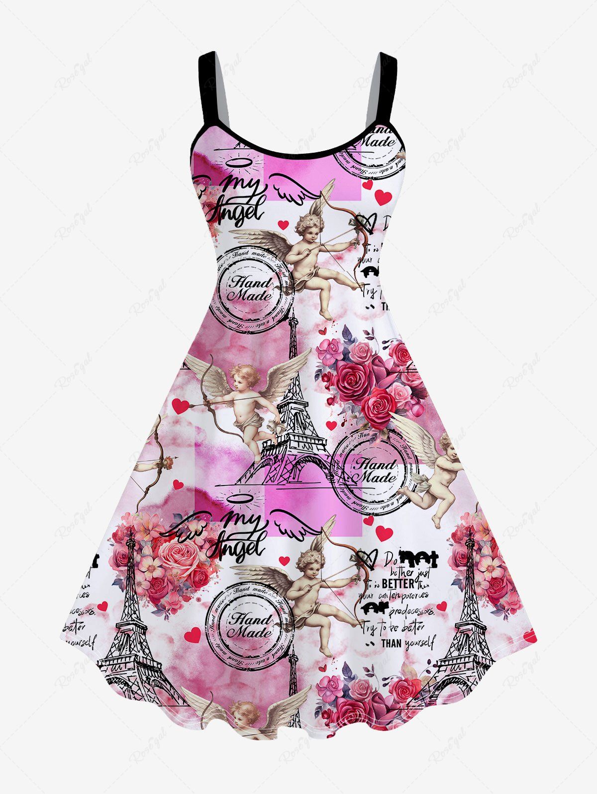 Chic Plus Size Rose Flower Heart Colorblock Cupid Letters Eiffel Tower Print Valentines A Line Tank Dress  