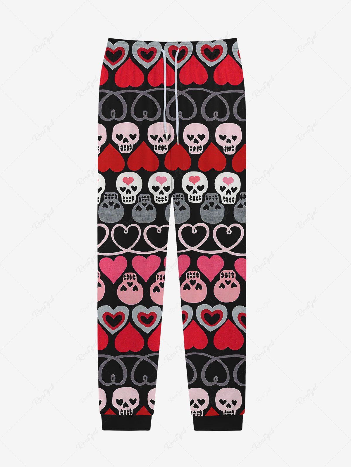 Unique Gothic Heart Skulls Striped Print Pocket Drawstring Valentines Sweatpants For Men  