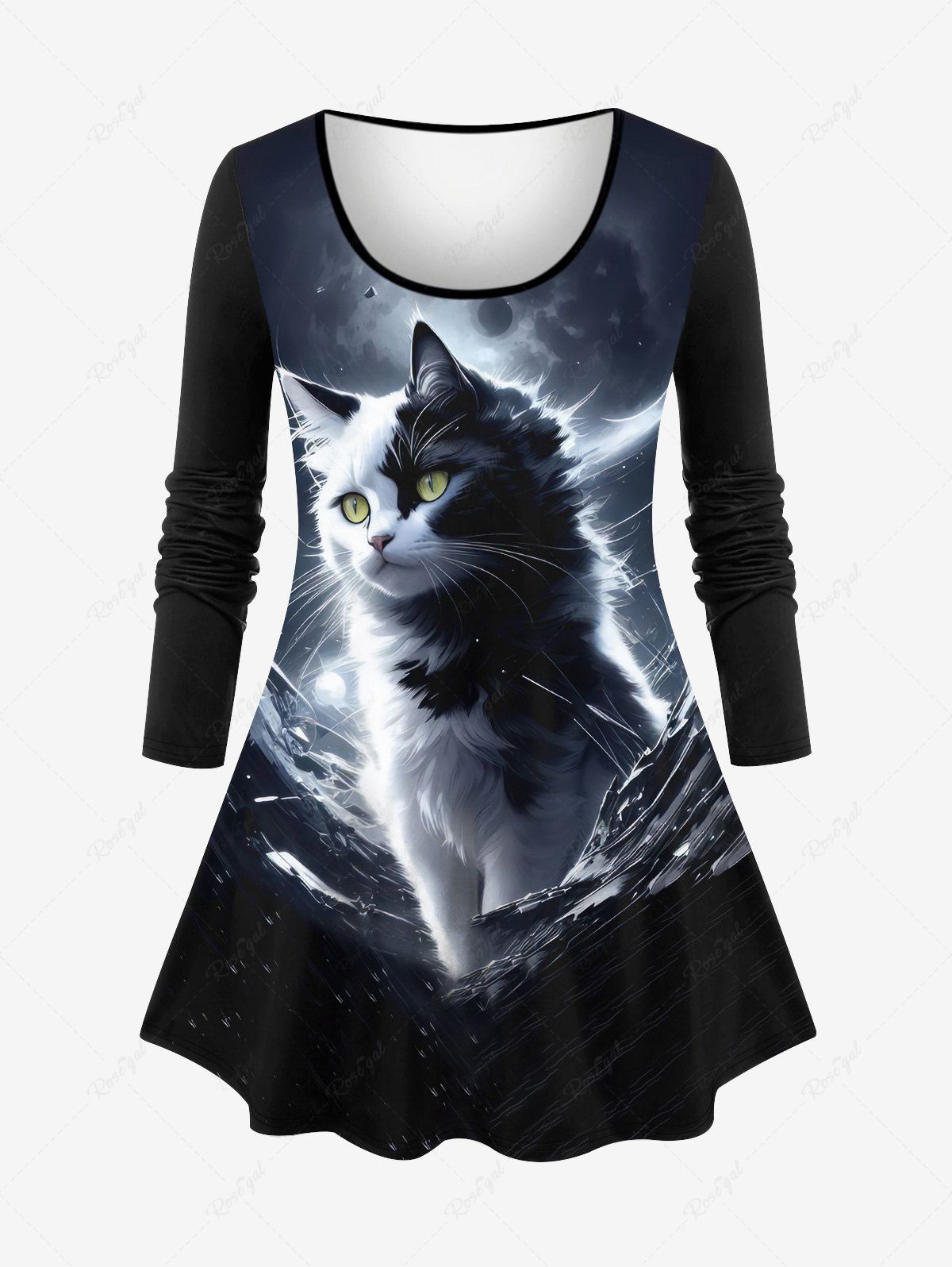 Store Plus Size 3D Glitter Cat Moon Sea Print Ombre Long Sleeves T-shirt  