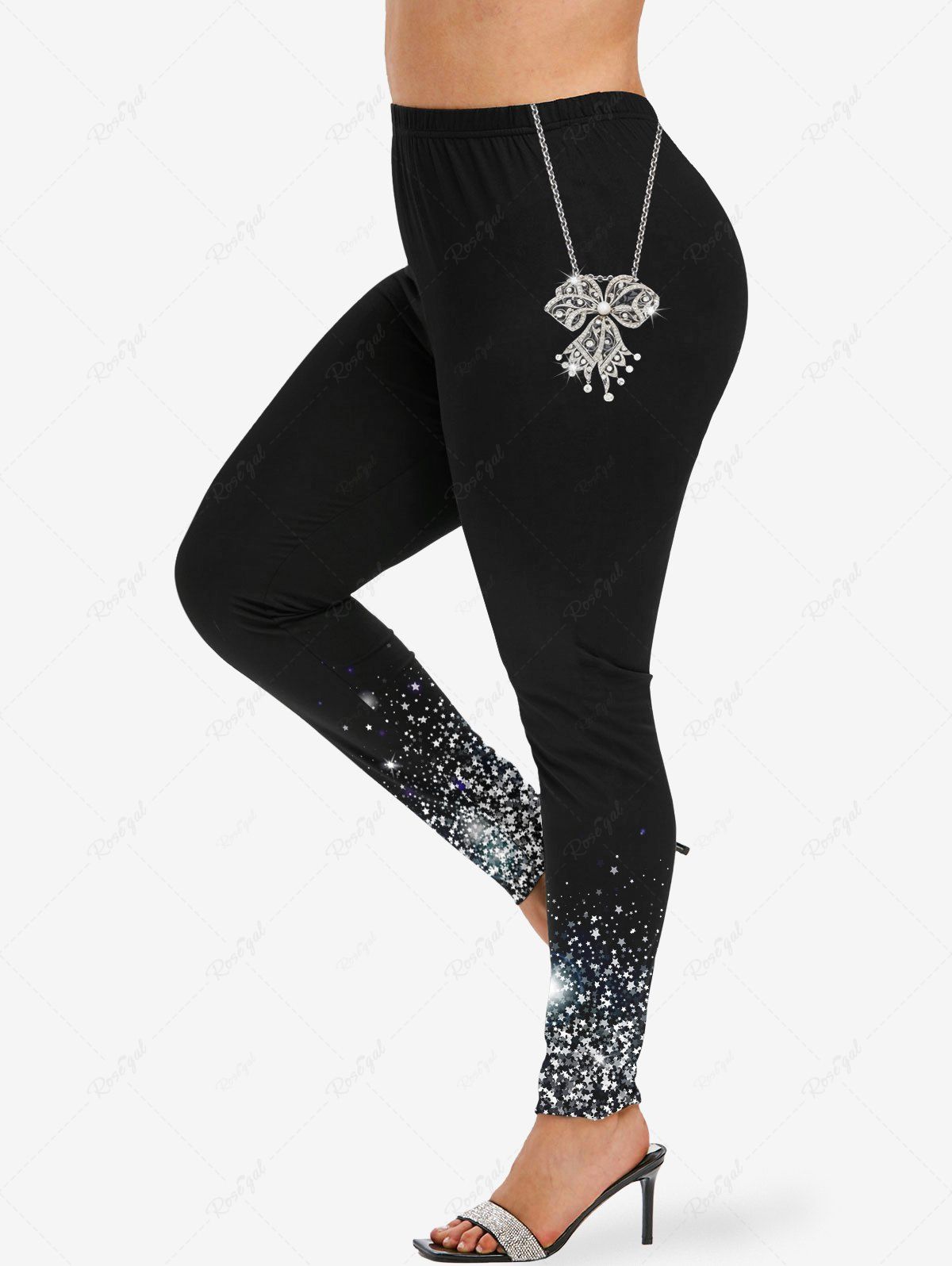 Unique Plus Size Bowknot Chain Stars Sparkling Sequin Glitter 3D Print Leggings  