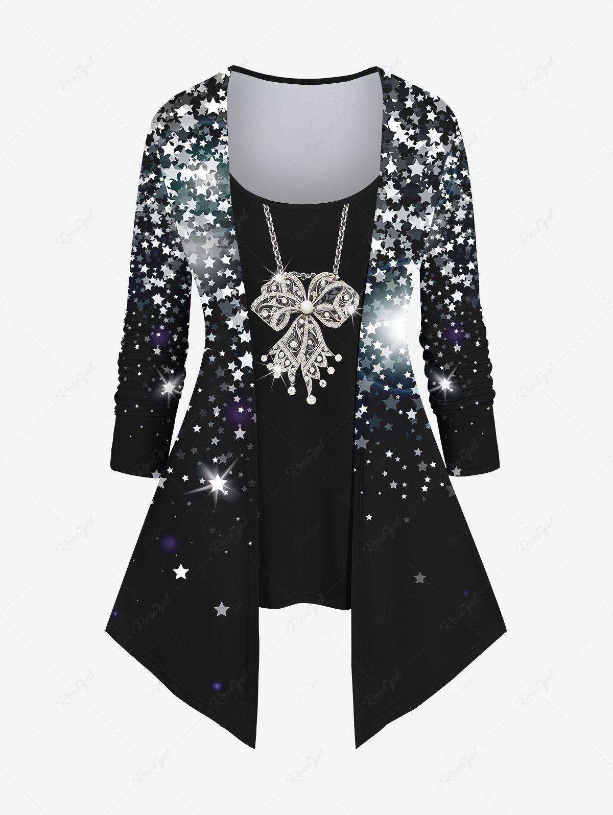 Chic Plus Size Chain Bowknot Stars Sparkling Sequin Glitter 3D Print 2 In 1 T-shirt  