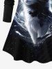 Plus Size 3D Glitter Cat Moon Sea Print Ombre Long Sleeves T-shirt -  