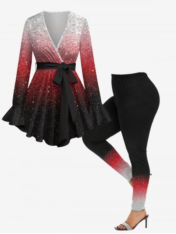 Ombre Colorblock Sparkling Sequin Glitter 3D Printed Poet Sleeve Surplice Blouse With Belt and Leggings Plus Size Matching Set - DEEP RED