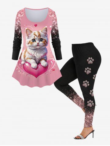 Valentine's Day Cat Glitter 3D Printed Raglan Sleeve T-shirt and Leggings Plus Size Outfits - LIGHT PINK