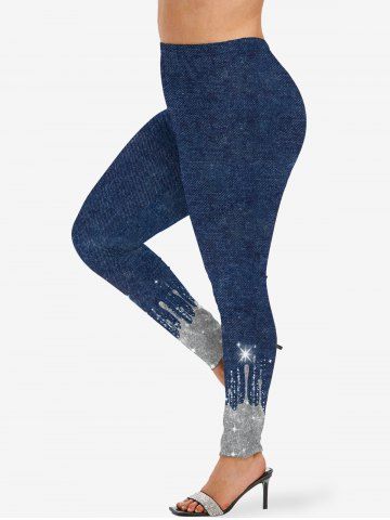 Plus Size Water Drop Glitter Sparkling Sequin Denim 3D Print Leggings - DEEP BLUE - S