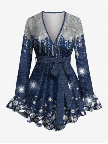 Plus Size Diamond Denim Colorblock Water Drop Glitter Sparkling Sequin 3D Print Surplice Ruffles Poet Sleeve Blouse With Belt - DEEP BLUE - 3X