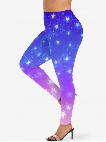 Plus Size Stars Galaxy Print Ombre Skinny Leggings - PURPLE - 2X