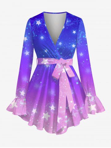 Plus Size Poet Sleeves Stars Galaxy Print Ombre Shirt with Removable Tied Belt - PURPLE - S
