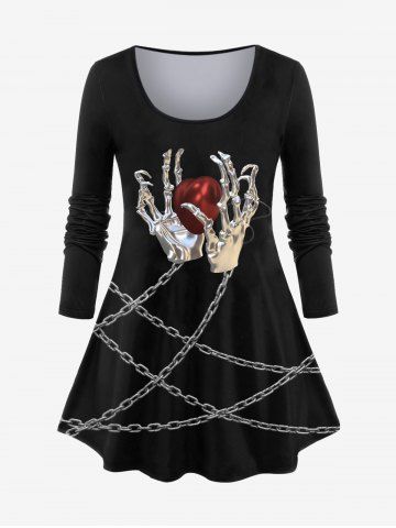 Plus Size 3D Skeleton Hand Heart Chain Print Valentines Long Sleeves T-shirt - BLACK - 4X