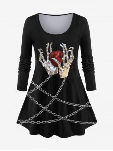 Plus Size 3D Skeleton Hand Heart Chain Print Valentines Long Sleeves T-shirt - BLACK - 6X