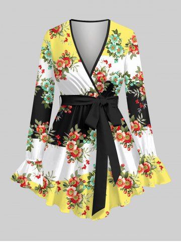 Plus Size Colorblock Flowers Leaf Print Surplice Ruffles Poet Sleeves Blouse With Belt - YELLOW - XS