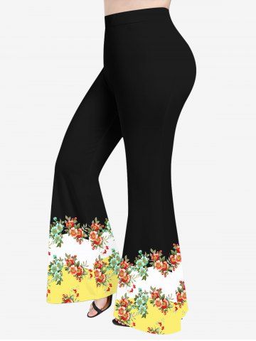 Plus Size Colorblock Flowers Leaf Print Flare Pants - YELLOW - 2X