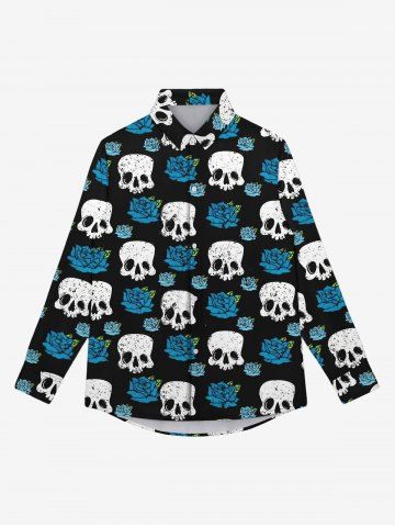 Gothic Turn-down Collar Skulls Rose Flower Print Buttons Shirt For Men - BLACK - XL