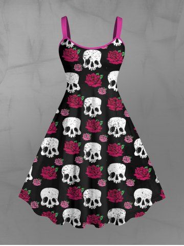 Gothic Skulls Rose Flower Print Valentines A Line Tank Dress - BLACK - XS