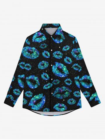 Gothic Turn-down Collar Glitter Sparkling Lip Galaxy Printed Buttons Shirt For Men