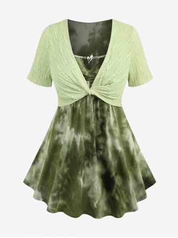 Plus Size Glitter Heart Chain Open Crochet Twist Tie Dye 2 in 1 Short Sleeves Top - LIGHT GREEN - L | US 12