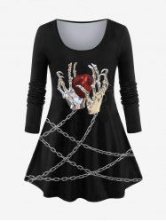 T-shirt 3D Squelette et Main Imprimés à Chaîne de Grande Taille à Manches Longues - Noir 6X