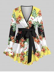 Plus Size Colorblock Flowers Leaf Print Surplice Ruffles Poet Sleeves Blouse With Belt -  