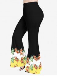 Plus Size Colorblock Flowers Leaf Print Flare Pants -  