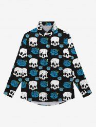 Gothic Turn-down Collar Skulls Rose Flower Print Buttons Shirt For Men -  