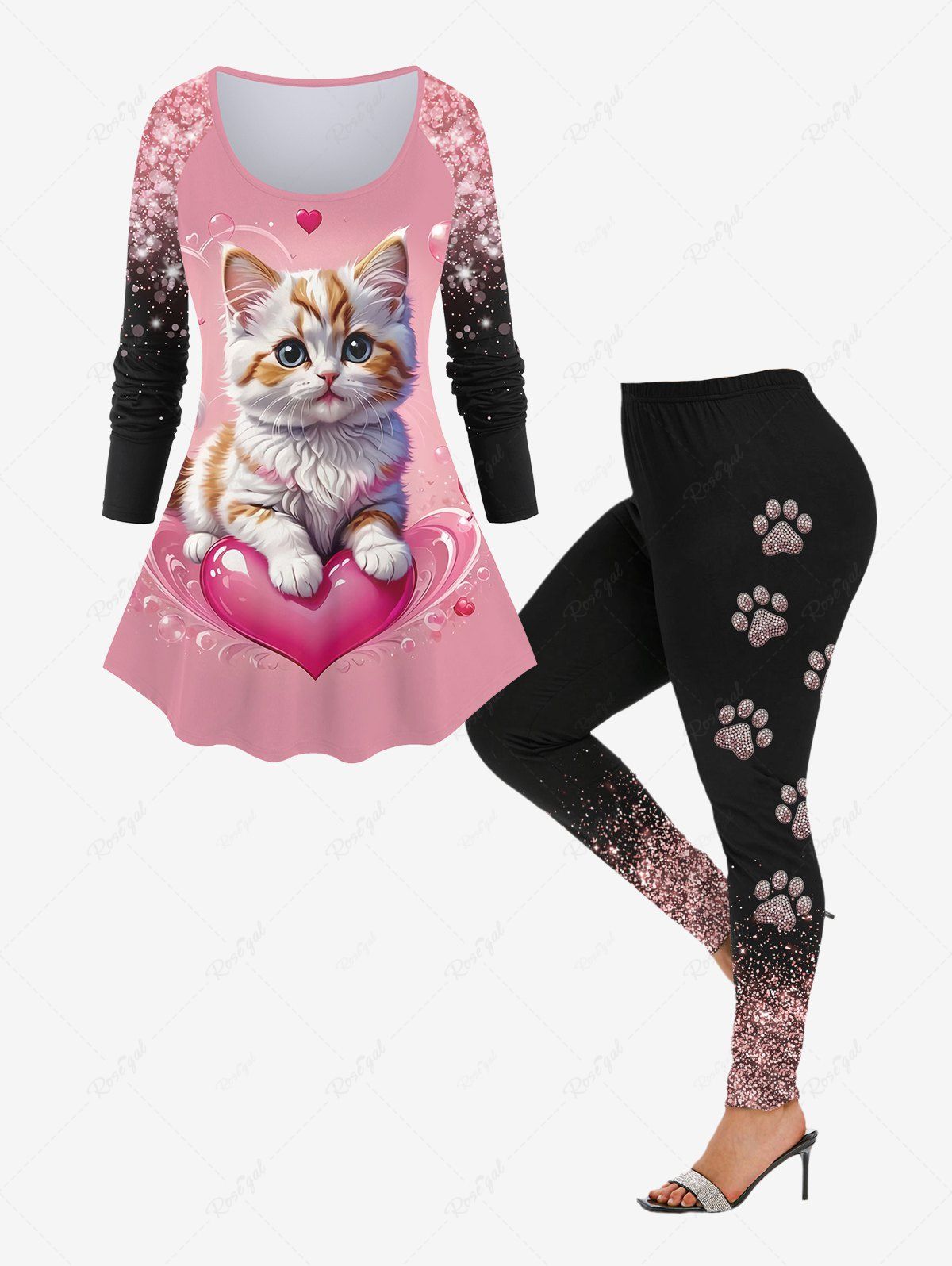 Best Valentine's Day Cat Glitter 3D Printed Raglan Sleeve T-shirt and Leggings Plus Size Outfits  