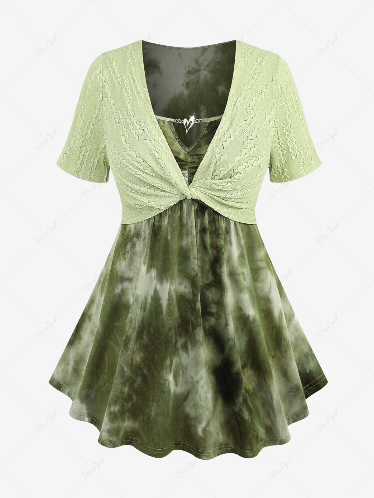 Outfits Plus Size Glitter Heart Chain Open Crochet Twist Tie Dye 2 in 1 Short Sleeves Top  