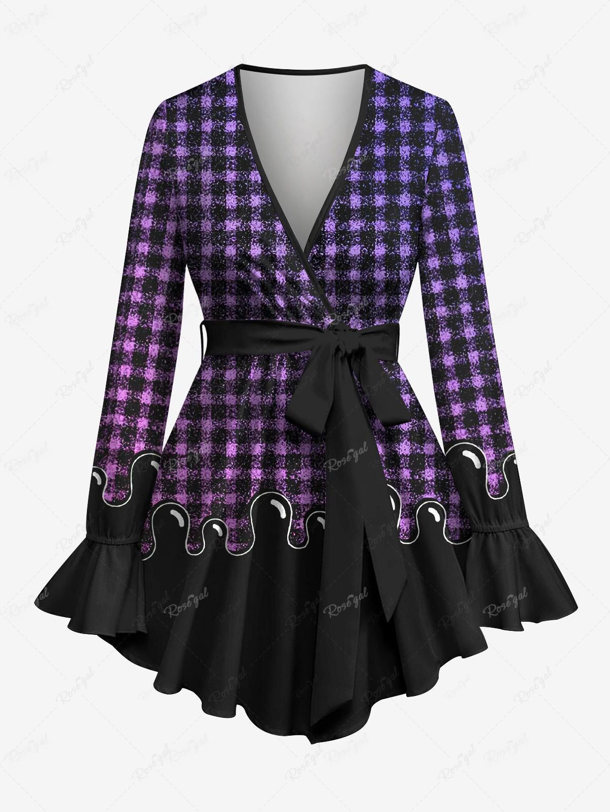 Trendy Plus Size Plaid Checkered Waves Colorblock Print Surplice Poet Sleeve Blouse With Belt  