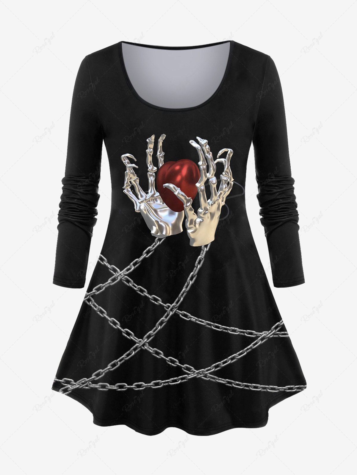 T-shirt 3D Squelette et Main Imprimés à Chaîne de Grande Taille à Manches Longues Noir 6X