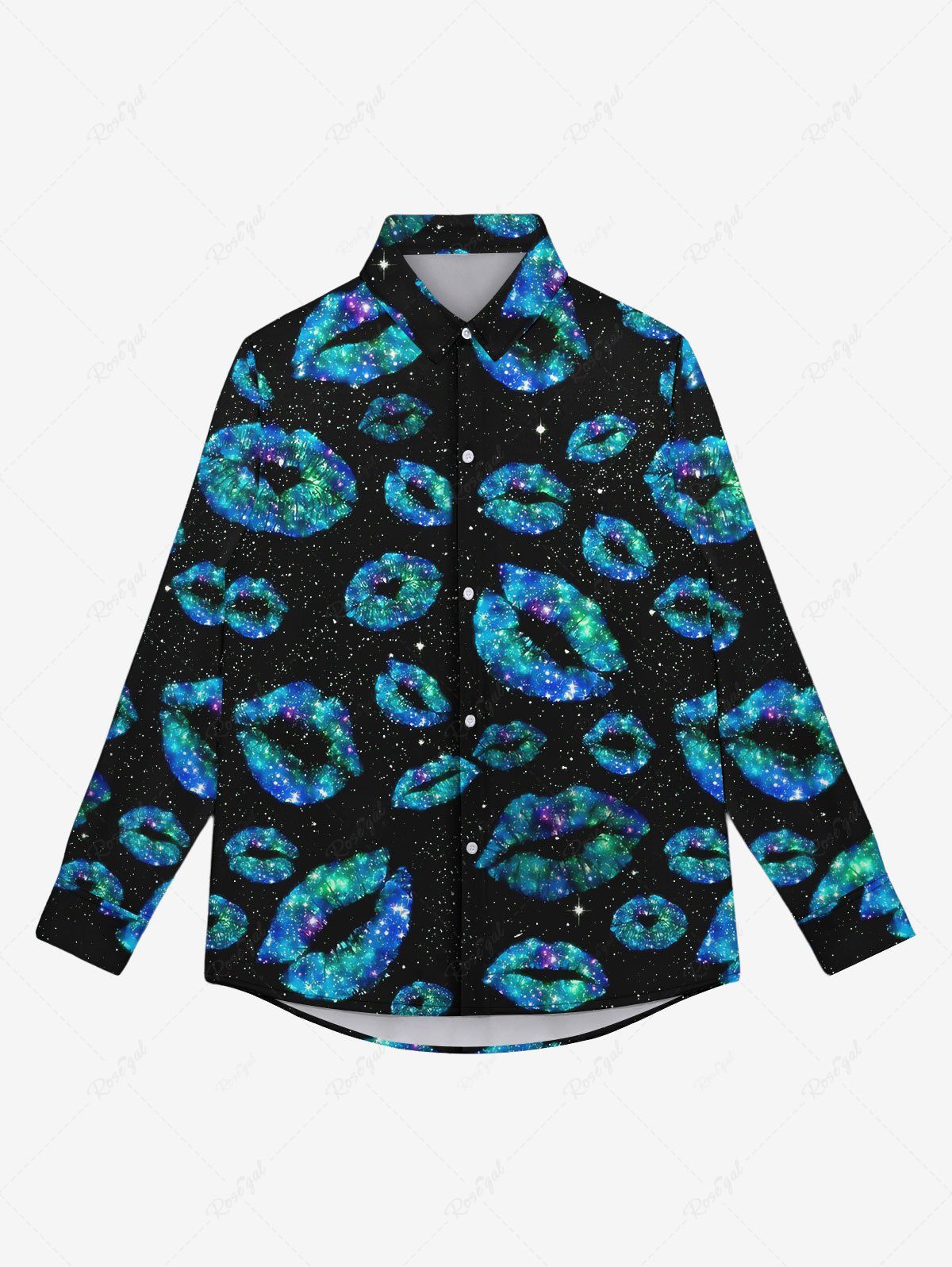 Online Gothic Turn-down Collar Glitter Sparkling Lip Galaxy Printed Buttons Shirt For Men  