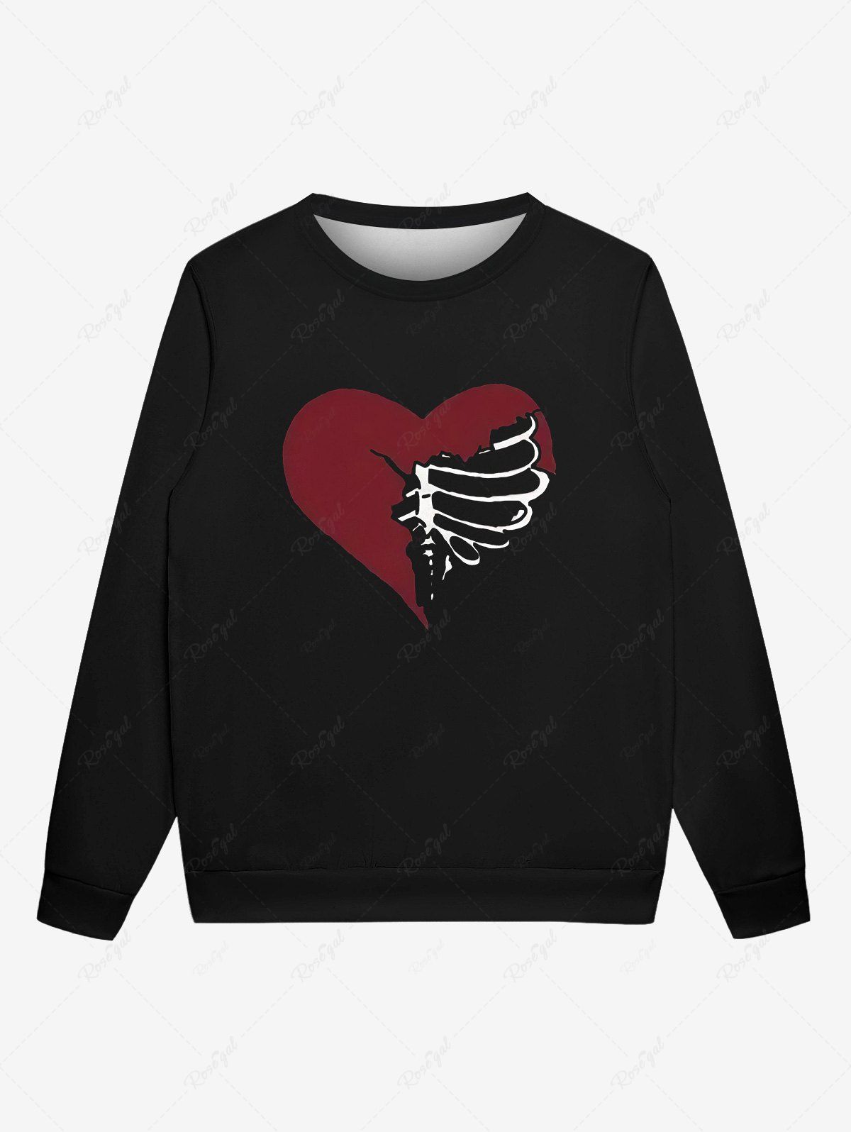 Sweat-shirt Imprimé Squelette et Coeur Saint-Valentin à Manches Longues Noir XL