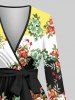 Plus Size Colorblock Flowers Leaf Print Surplice Ruffles Poet Sleeves Blouse With Belt -  