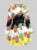 Plus Size Colorblock Flowers Leaf Print Surplice Ruffles Poet Sleeves Blouse With Belt -  