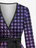 Plus Size Plaid Checkered Waves Colorblock Print Surplice Poet Sleeve Blouse With Belt -  