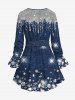 Plus Size Diamond Denim Colorblock Water Drop Glitter Sparkling Sequin 3D Print Surplice Ruffles Poet Sleeve Blouse With Belt -  