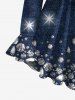 Plus Size Diamond Denim Colorblock Water Drop Glitter Sparkling Sequin 3D Print Surplice Ruffles Poet Sleeve Blouse With Belt -  