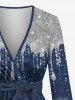 Plus Size Diamond Denim Colorblock Water Drop Glitter Sparkling Sequin 3D Print Surplice Ruffles Poet Sleeve Blouse With Belt -  