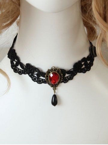Gothic Victorian Lace Red Gem Choker Necklace - BLACK