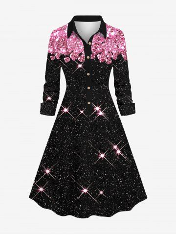 Plus Size Turn-down Collar Glitter Sparkling Galaxy Sequins Rhinestone Print Buttons A Line Shirted Party Dress - LIGHT PINK - XS