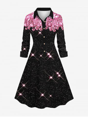 Plus Size Turn-down Collar Glitter Sparkling Galaxy Sequins Rhinestone Print Buttons A Line Shirted Party Dress - LIGHT PINK - 1X